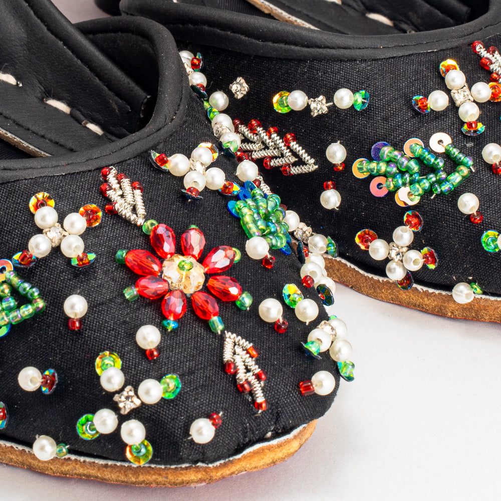 Close-up of colorful bead and pearl embroidery on Bahar Khussa by Behnaz Pakistan