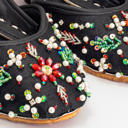 Close-up of colorful bead and pearl embroidery on Bahar Khussa by Behnaz Pakistan