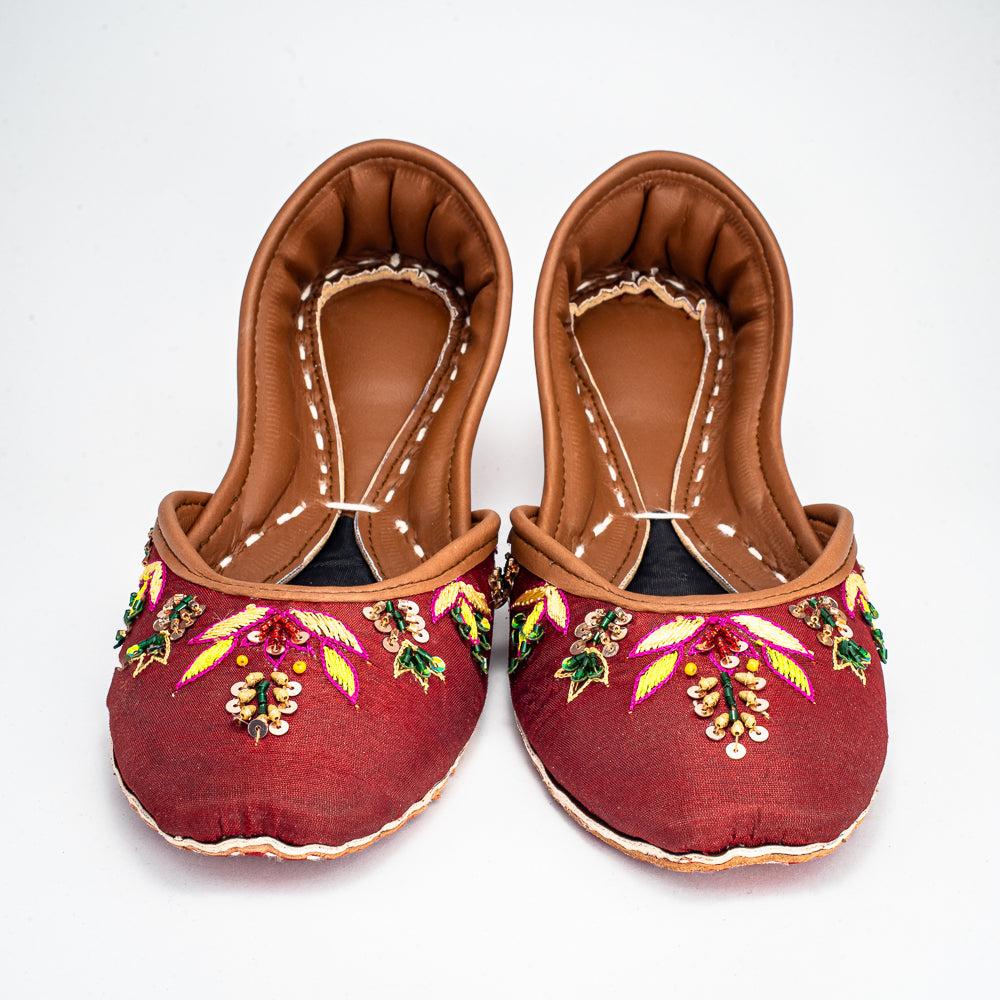 Front view of Shaista bronze raw silk chappal with multicolored Zari embroidery by Behnaz Pakistan