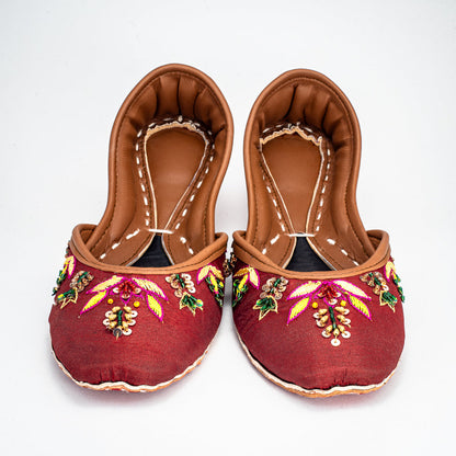 Front view of Shaista bronze raw silk chappal with multicolored Zari embroidery by Behnaz Pakistan
