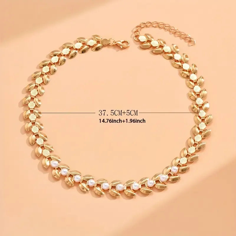 Elegant Golden-Tone Wheat Ear Choker Necklace with Faux Pearls.